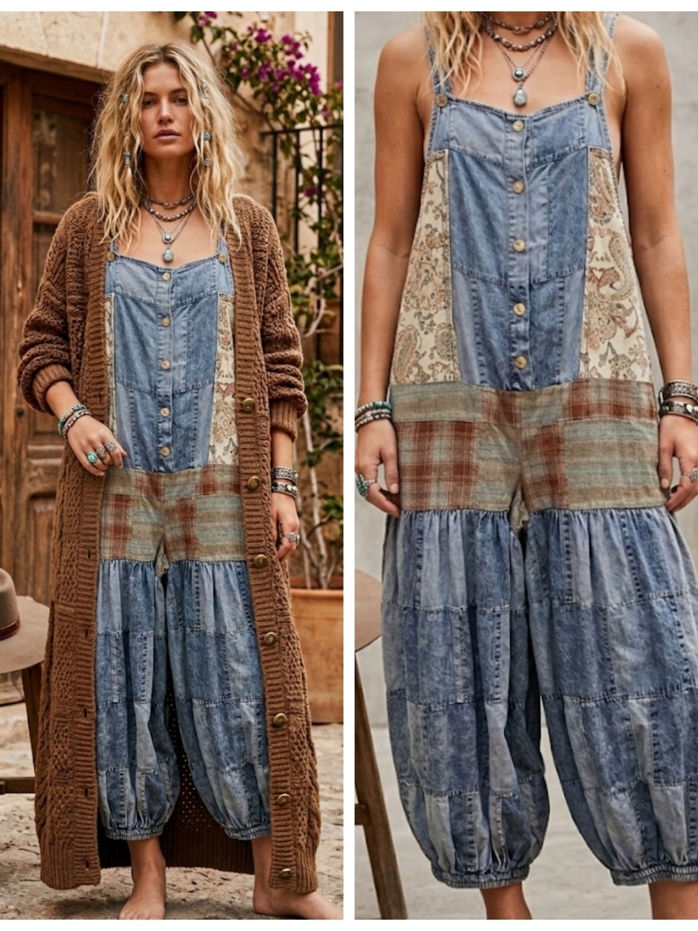 Boho Patchwork Denim Jumpsuit in Blue and Brown